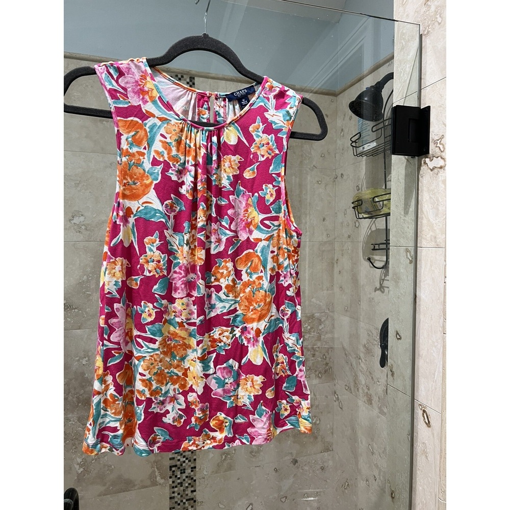 Chaps Fuchsia Floral Knit Tank Top Womens Medium M Pink Orange Green Sleeveless